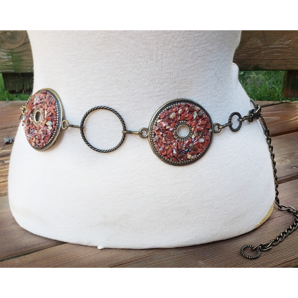 Chico's Bronze-Tone Circle Stone Mosaic Belt in Coral